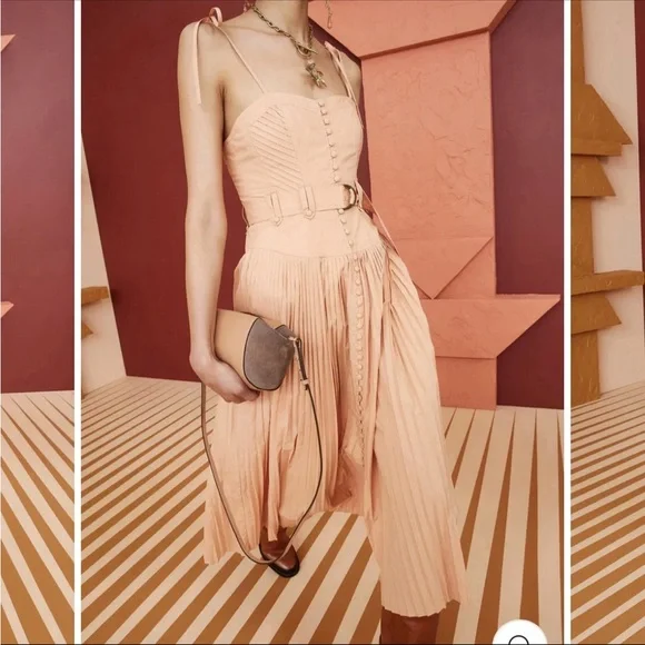 NWT Ulla Johnson Cosette Pleated Poplin Midi Dress w/Pockets Pale Peach Size 2 - Picture 2 of 13